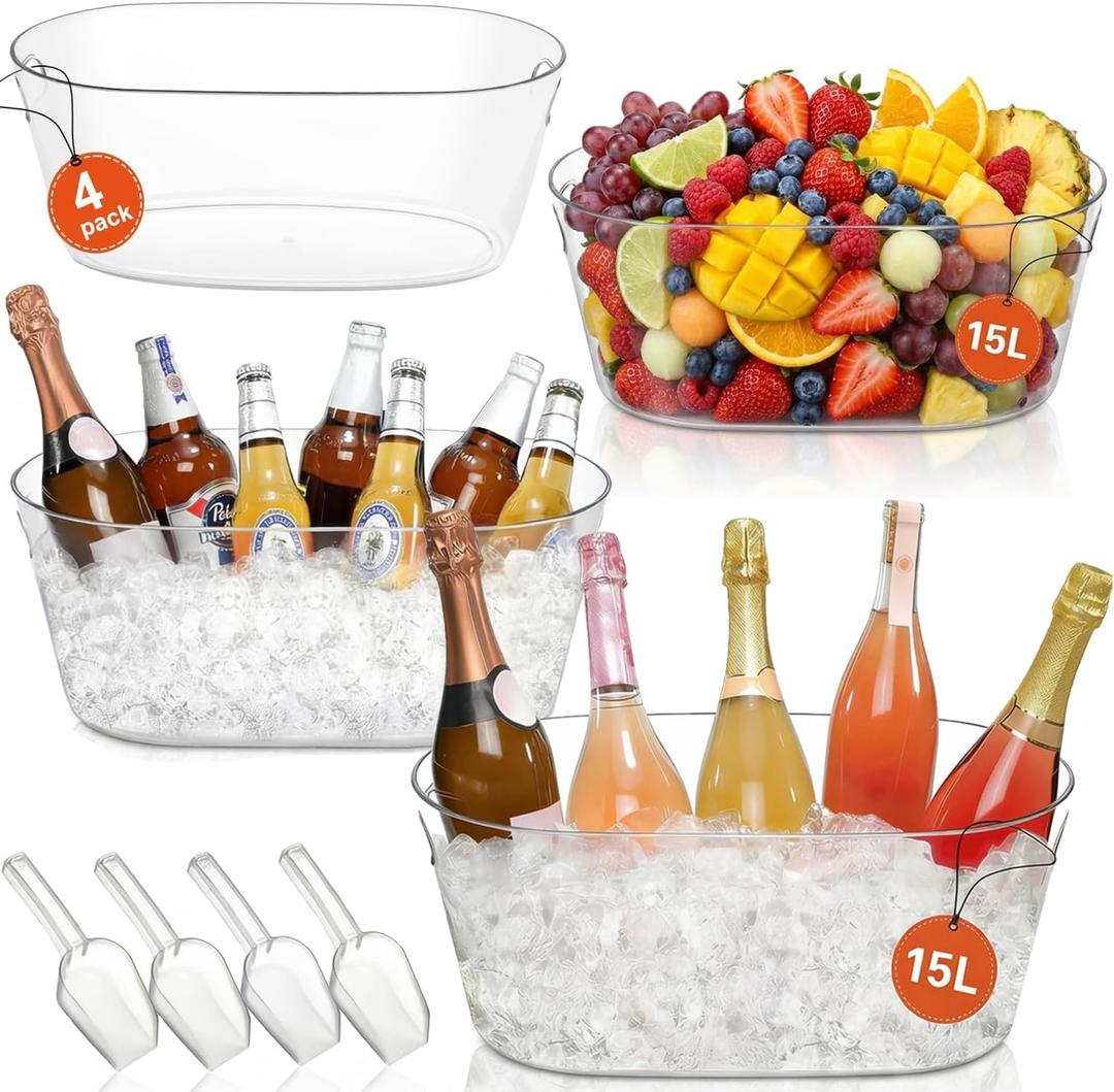 4 PCS Ice Buckets for Parties, 15L Large Ice Bucket, 4 Gallon Champagne Bucket with Scoops, Beverage Tub Mimosa Bar Supplies for Champagne, Beer, Cocktail