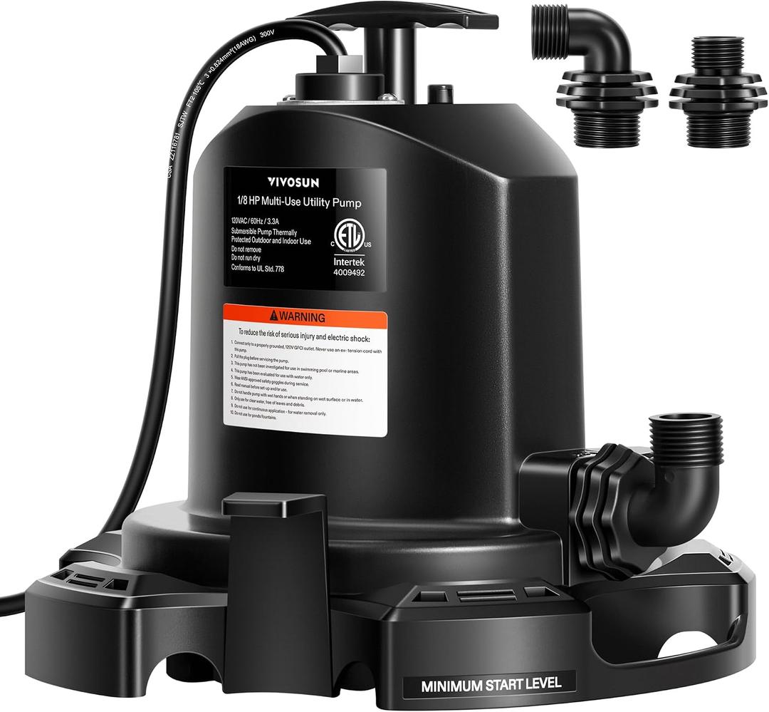 VIVOSUN Submersible Sump Pump, 1575GPH Thermoplastic Portable Utility Water Pump with 10ft Power Cord and 2 Adapters, Ideal for Swimming Pool, Basements, Window Wells