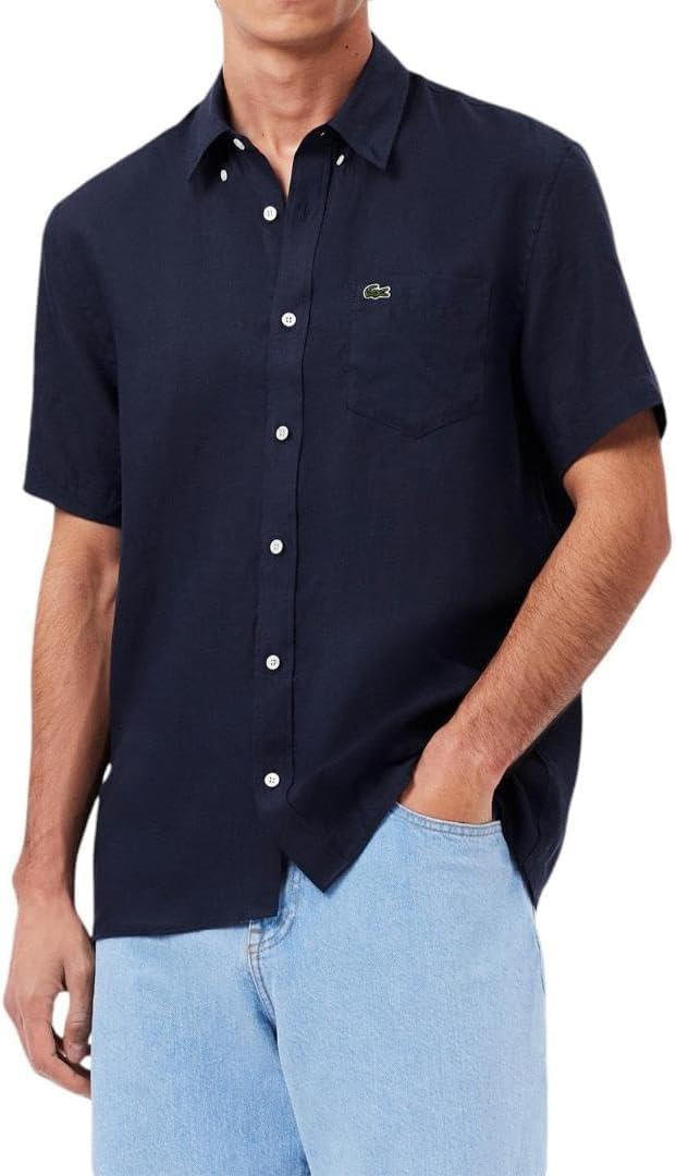 Lacoste Men's Regular Fit Linen Casual Button Down (XX-Large, Navy Blue)