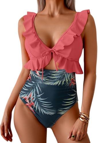 Eomenie One Piece Swimsuit for Women Tummy Control Ruffle Bathing Suit V Neck Ruched Swim Suit Slimming Cutout Swimwear XL