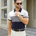 Hardaddy Men's Striped Polo Shirt Short Sleeve Casual Color Block Graphic Tee Collared Golf Shirts for Men (Blue, XXXL)