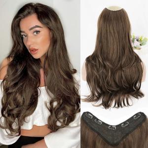 ALXNAN Long Wavy Hair Extensions for Women, Clip in Hair Extensions Clip Ins Soft Full Head Synthetic Hairpieces 20 Inch Medium Ash Brown