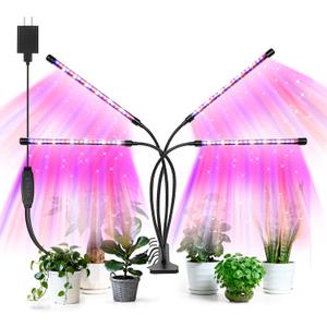 Led Grow Lights, 4 Heads Red Blue Plant Light with Clamp for Indoor Plants & Seed Starting, 10-Level Dimmable, Auto On Off, Timing 3 9 12Hrs