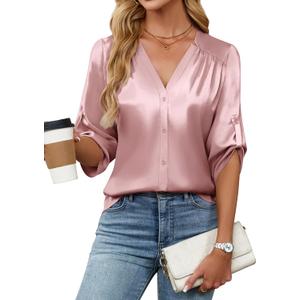 Blooming Jelly Womens Button Down Shirts 3/4 Sleeve Dressy Casual Tops Pleated Satin Silk Business Blouses 2025 (Large, Light Pink)