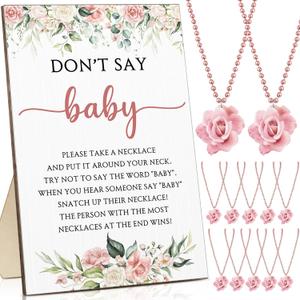Roowest 51 Don't Say Baby Shower Game Pink Rose Baby Shower Decorations Included Rose Game Sign Wood Table Sign 50 Felt Floral Necklaces for Gender Reveal Party Favors