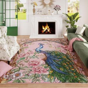 Area Rugs 8x10 Rug for Living Room Clearance Washable Floral Peacock Non Slip Vintage Low Pile Large Rug for Living Room, Bedroom, Farmhouse, Dining Room, Kids Playroom(Pink)