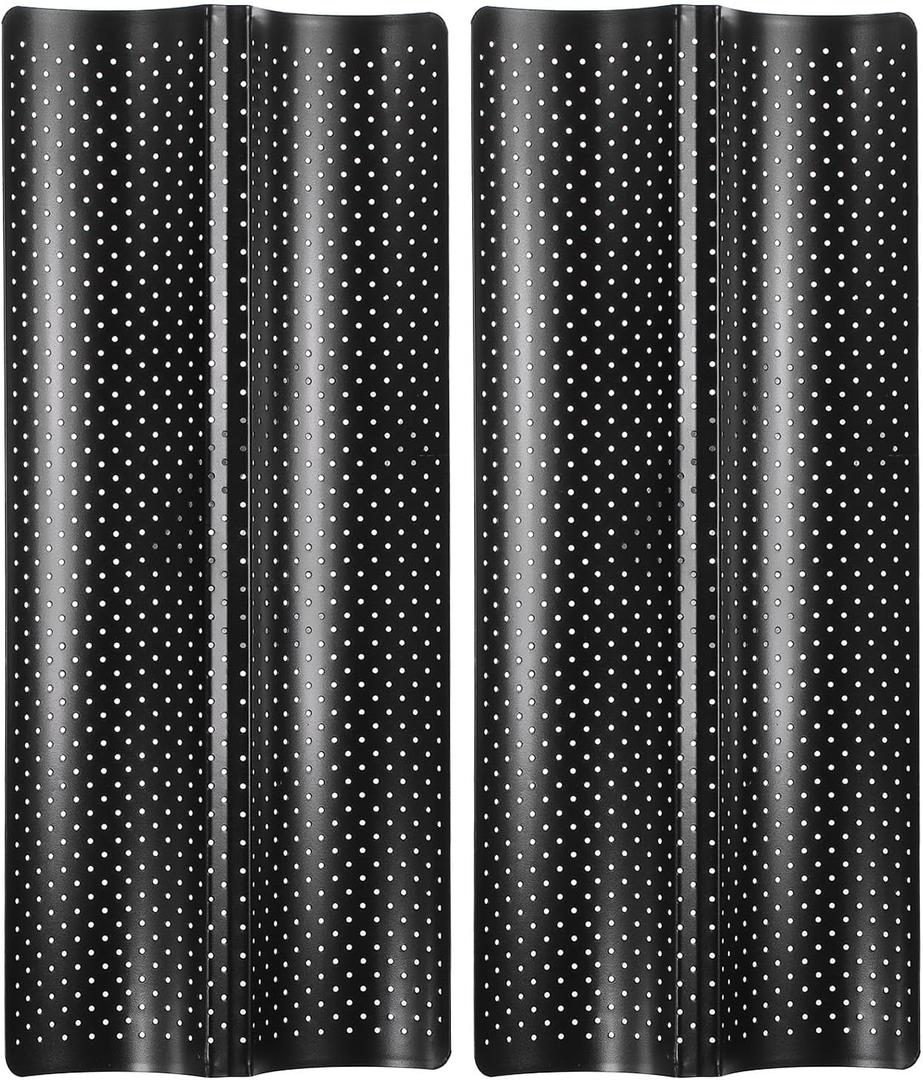 uxcell 2Pcs Perforated French Bread Baking Pan, 15" x 6.3" Toast Molds Tray, 2 Wave Loaves Baking Tray for Baking Loaf Bread (Black)