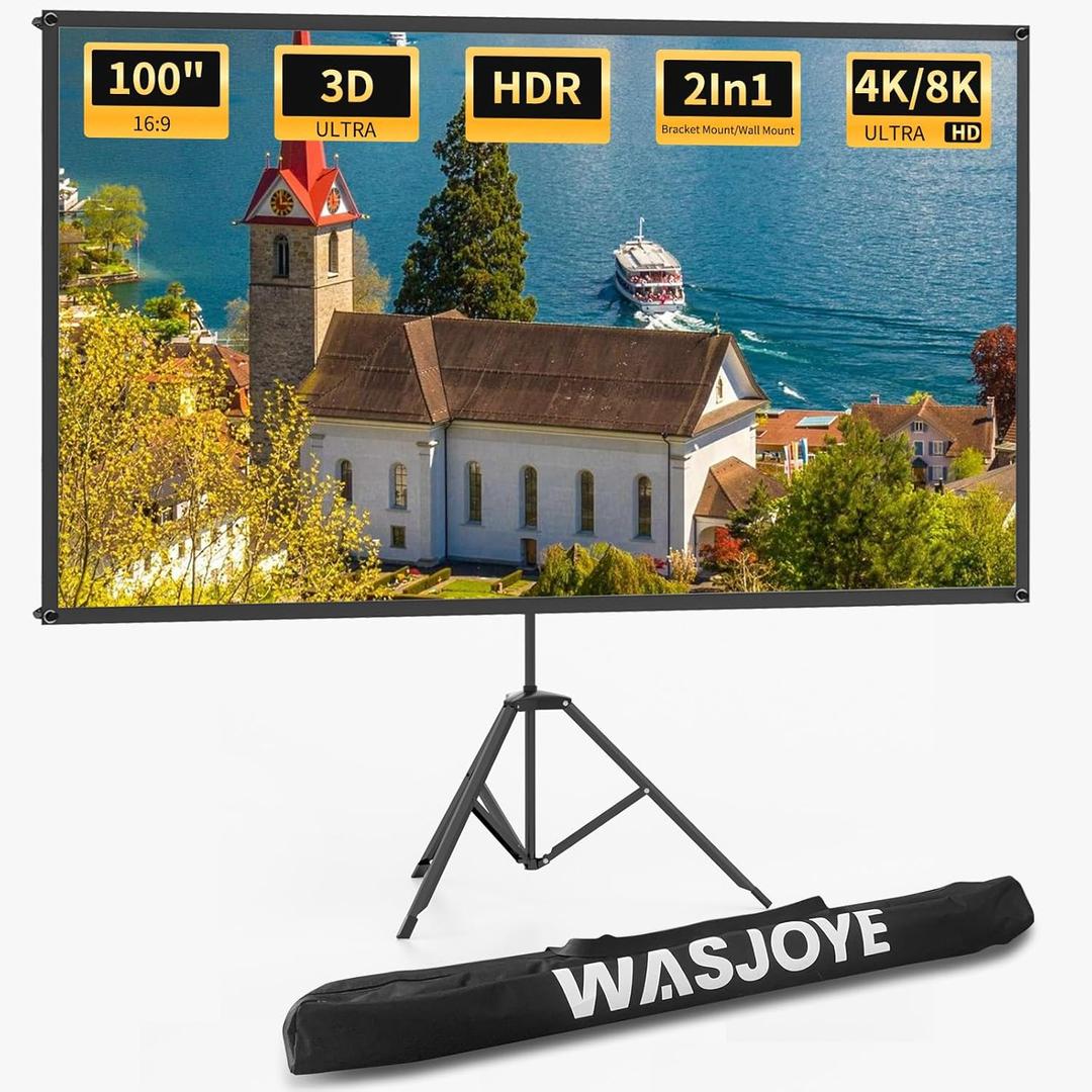 WASJOYE Proiector Screen with Stand 100" - 16:9 4K HD Portable Proiector Screen, 1.2 Gain Indoor Projector Screen, Easy Setup and Carrying, for Home Cinema, Backyard Party Office TV Game