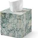 Real Natural Marble Tissue Box Cover, 5.5 Inch Square Marble Tissue Box Holder with Open Bottom, Heavy Stone Decorative Organizer for Bathroom Vanity, Kitchen Countertop, Luxury Home Dcor (Cyan-green)