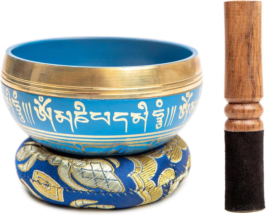 Tibetan Singing Bowl Set Brass - Master Healing Grade - Authentic Handcrafted Sound Bowl by Himalayan Bazaar (Blue)