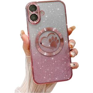 for iPhone 16 Case Glitter Clear Paw Love Heart Compatible with MagSafe, Full Camera Lens Protection Soft Slim Thin Cute Gradient Bling Magnetic Phone Case - Pink