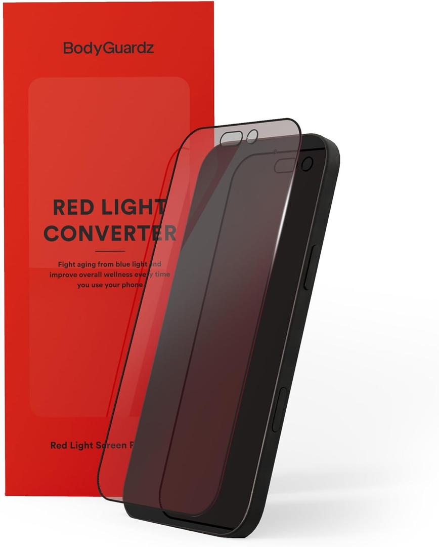 BodyGuardz Red Light Converter Screen Protector  Passive Red Light Therapy for Face - Better Sleep, Healthier Skin, Reduce Eye Strain  9H Tempered Glass, Easy Install (for iPhone 16 Pro Max - 6.9 inch)