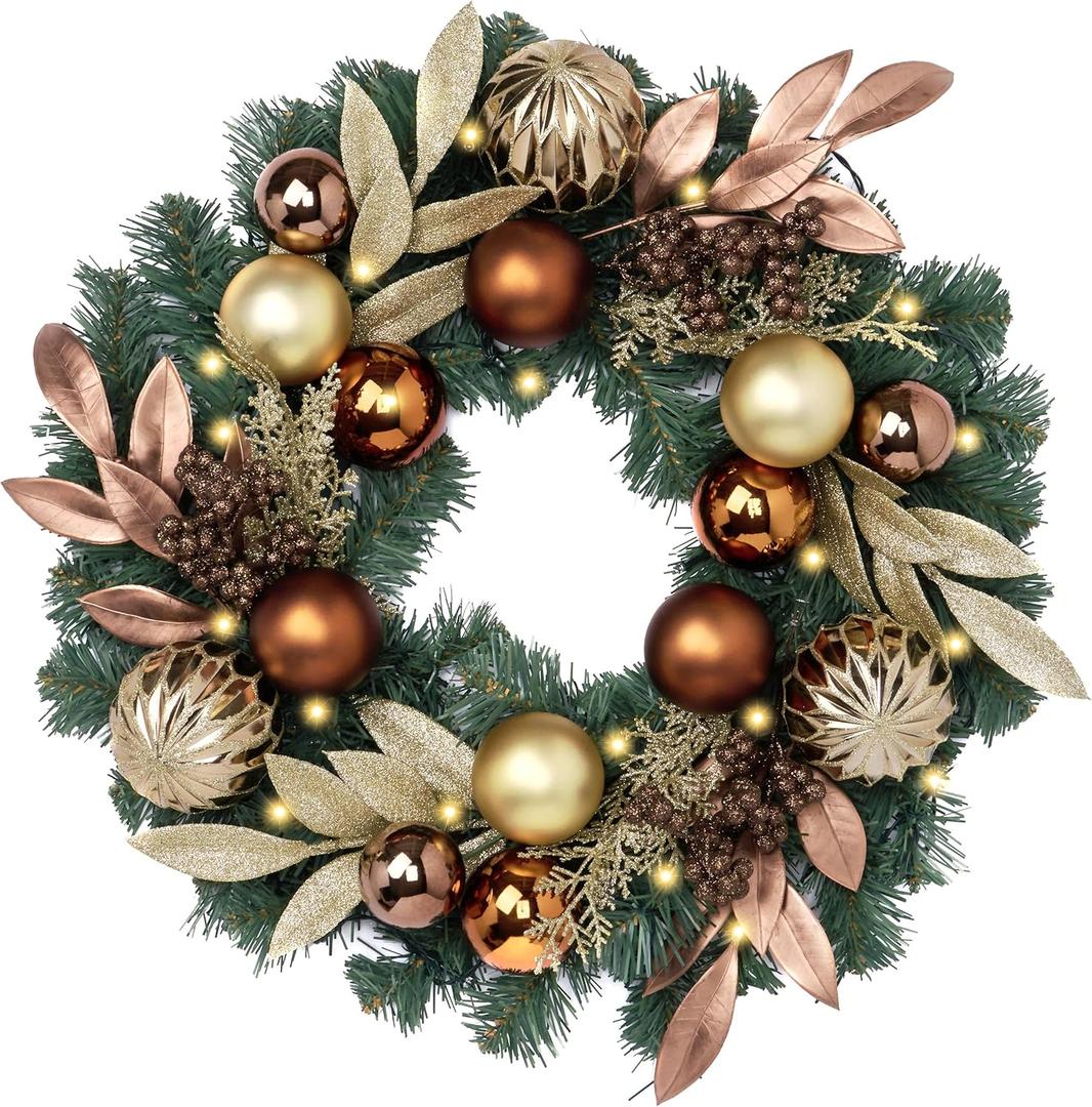 Valery Madelyn 20'' Pre-Lit Christmas Wreath for Front Door with Lights, Lighted Christmas Door Wreath with Bronze Copper Good Balls for Home Porch Fireplace Window Holiday Party Wall Decor