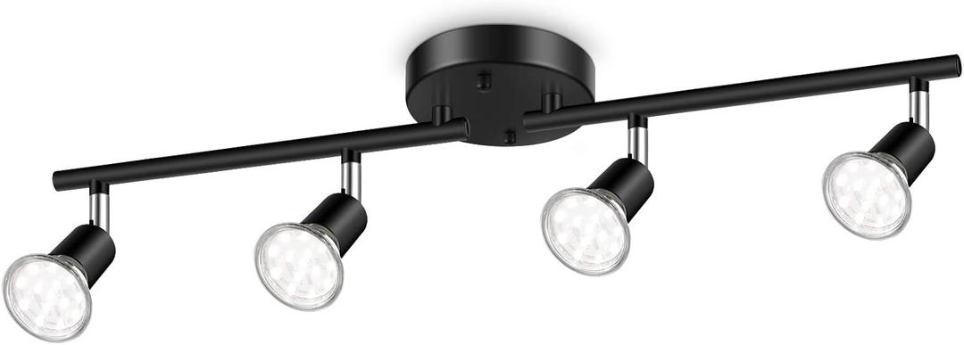Ascher 4-Light LED Track Lighting Kit, Flexibly Rotatable Light Heads, 4 Way Ceiling Spotlight Black Finish, Including 4 GU10 LED Bulbs (4W 400LM Daylight White 5000K), 2 Pack