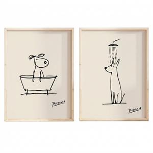 Framed Funny Dog Bathroom Wall Art Black and White Line Art Poster Print, Abstract Retro Bathroom Dog Picture Painting, Modern Minimalism Animal Picture Wall Decor for Bathroom Living Room 12x16 Inches