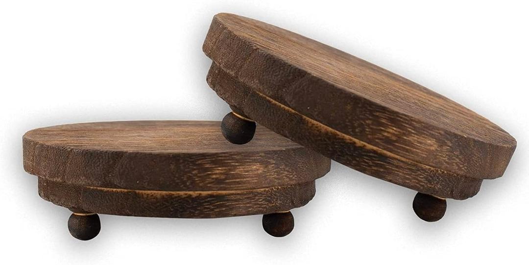 2 Pcs Wood Riser - 3.75' Display Stand for Farmhouse Decor, Tiered Tray Accessories, Round Rustic Pedestal for Home Decorations (Paulownia Color)