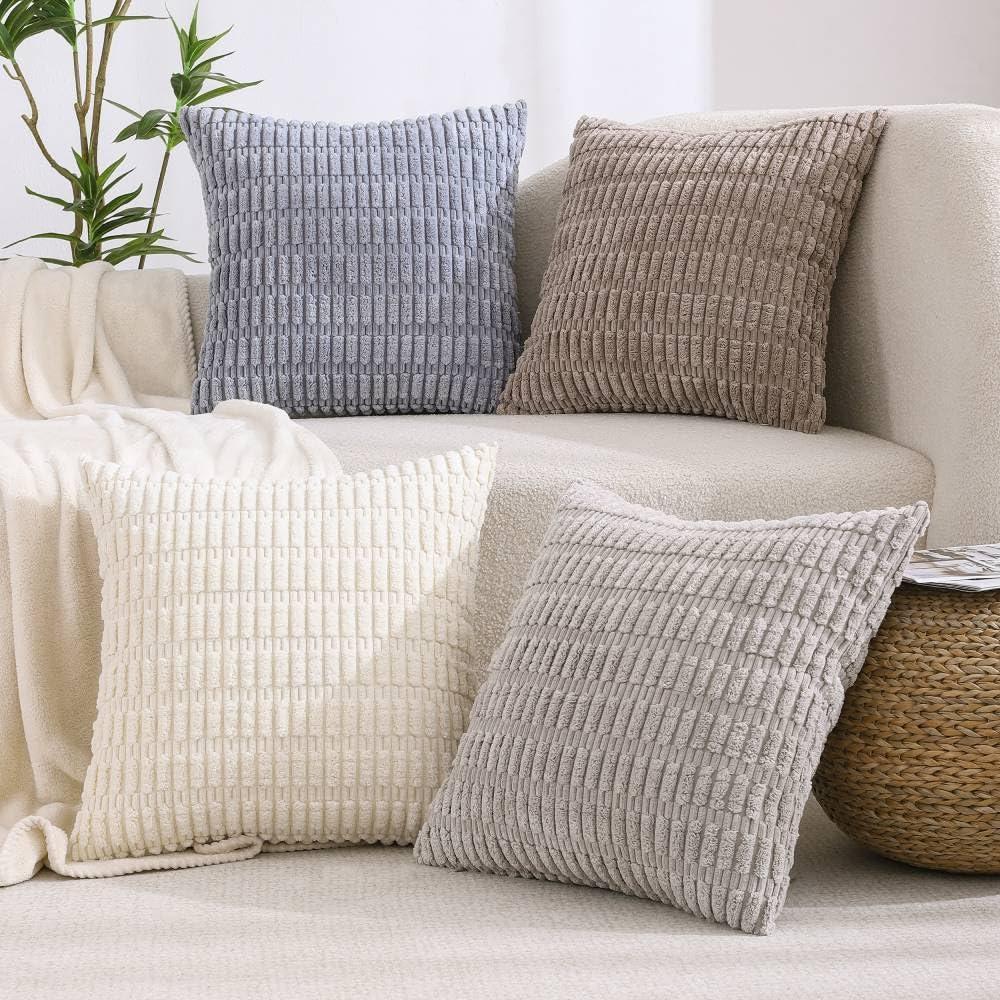 All Smiles Couch Decorative Throw Pillow Covers 18x18 Set of 4 Neutral Winter Farmhouse Rustic Boho Home Decor Soft Plush Striped Corduroy Square Cushion Case for Living Room Bed SOFE