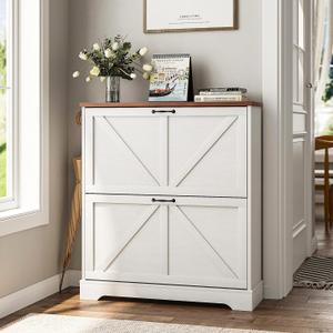 Smart FENDEE Shoe Cabinet, Shoe Storage Cabinet for Entryway with 2 Flip Drawers, Narrow Farmhouse Shoe Organizer Cabinet, Slim Shoe Rack Cabinet, White