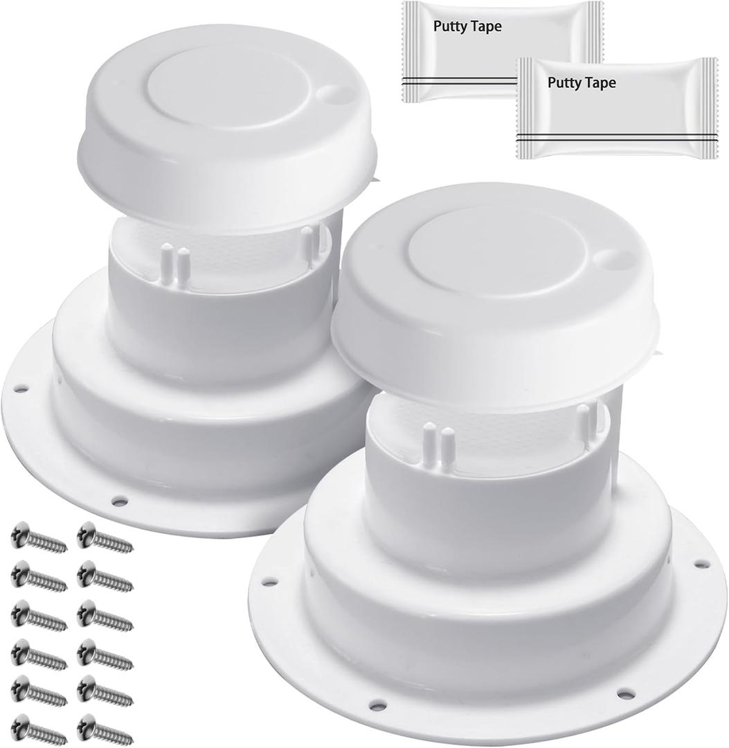 (2 Pack, White RV Roof Vent Cover Kits with Putty Tape and Screws, Camper Vents Cap for Trailer RV Roof Vent Cover Replacement, Camper Plumbing Vents Caps Kit for 1" to 2-3/8" OD Pipe