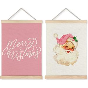 Supwhd Pink Santa Christmas Wall Decor, Retro Christmas Santa Wall Art With Wooden Poster Hanger 12x16 Inches Set of 2