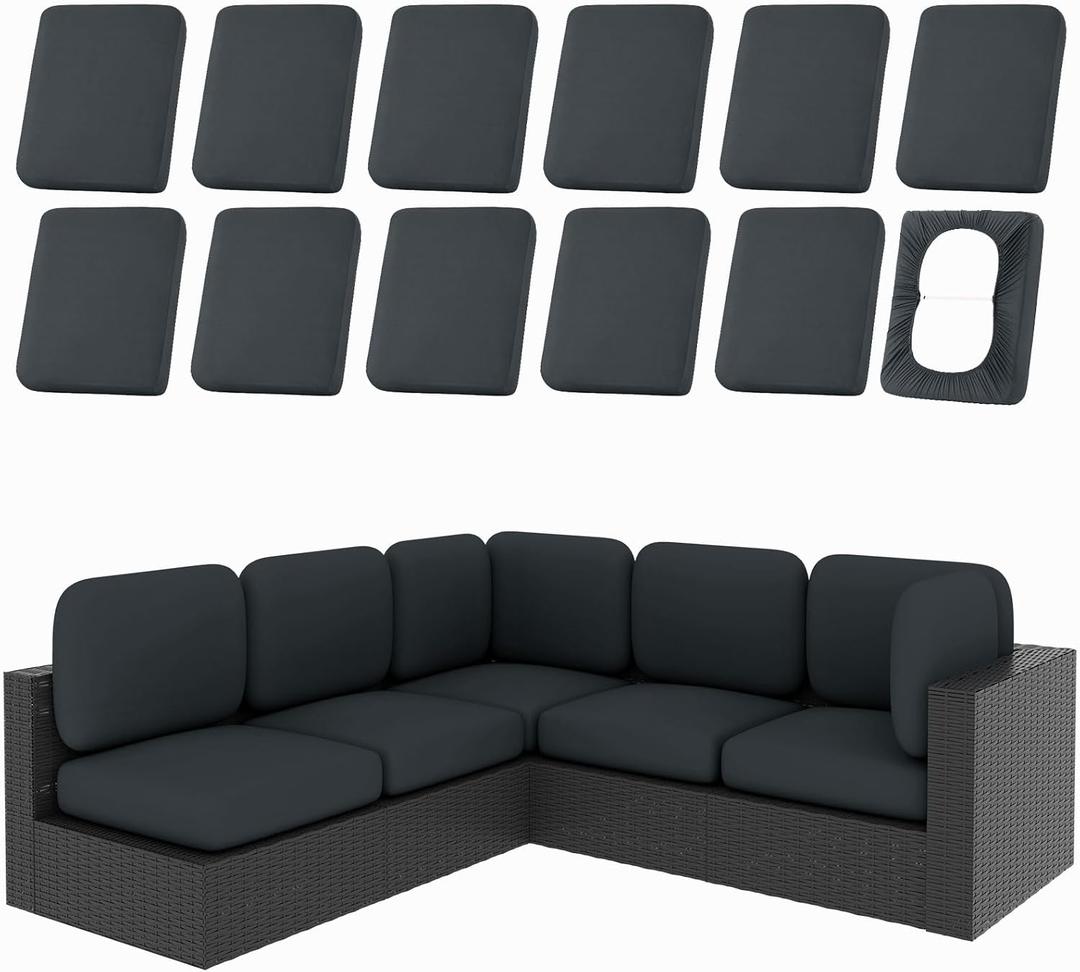 hyha 12Pcs Patio Cushion Covers, Stretch Outdoor Couch Cushion Covers, Washable Outdoor Chair/Sofa Slipcovers for Patio Furniture Cushions Protector with Elastic Bottom(Dark Gray,Cover Only)