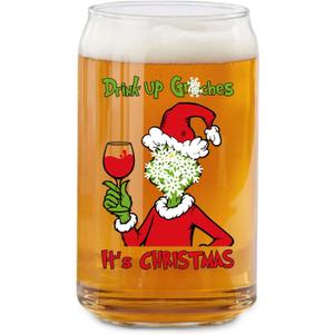 Funny Christmas Beer Glass for Men Women, 16 oz. Holiday Glass Drinking Cups, White Elephant Gifts for Men Women, Christmas Glass Cup Party Supplies Table Decor Stocking Stuffers