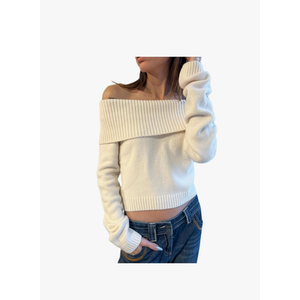 Women Off Shoulder Long Sleeve Sweater Y2K Ribbed Knit Pullover Solid Crop Top Going Out Boat Neck Blouse Size S