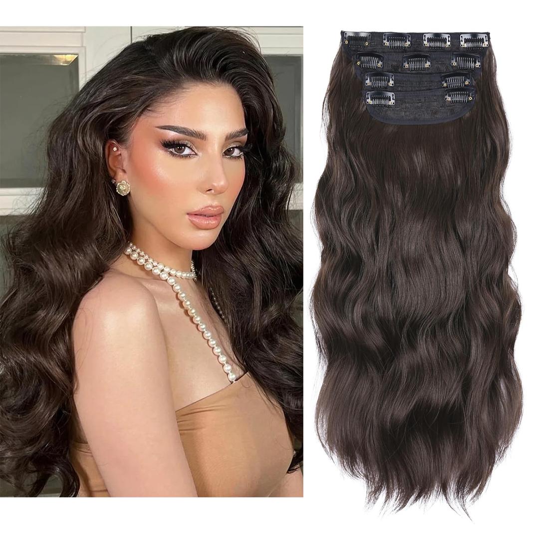 Brown Hair Extensions Clip ins, 4Pcs Long Wavy Synthetic Clip in Hair Extensions for Women Girls (Color: Brown)