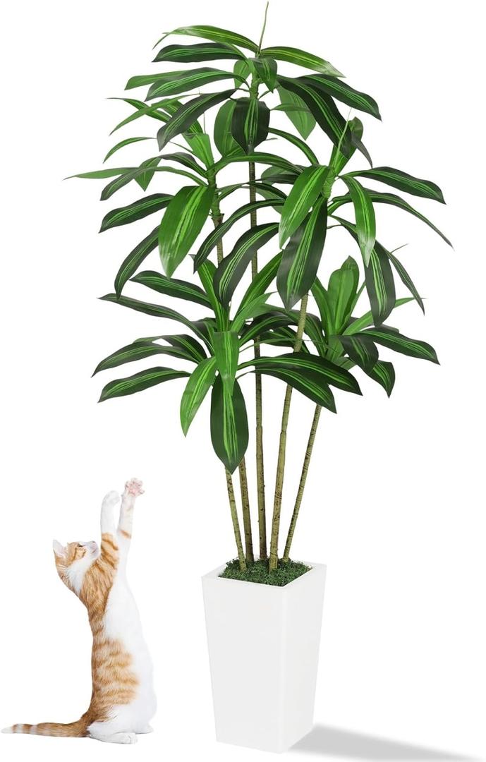 Artificial Dracaena Trees Indoor, 6FT Tall Fake Plant Faux Tree with White Tall Planter, Floor Plants in Pot with Trunk and Lifelike Leaves for Housewarming/Home & Office Decor