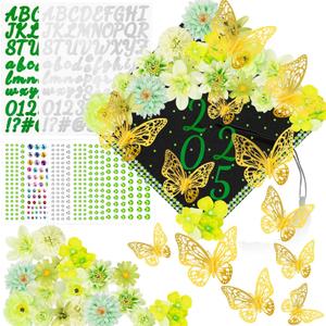 Graduation Cap Decorations Kits Faux Flower 3D Butterfly Rhinestones Glitter Alphabet Letter Sticker Green Flower DIY Graduation Cap Decorations for Grad Cap Topper Graduation Party DIY Crafts