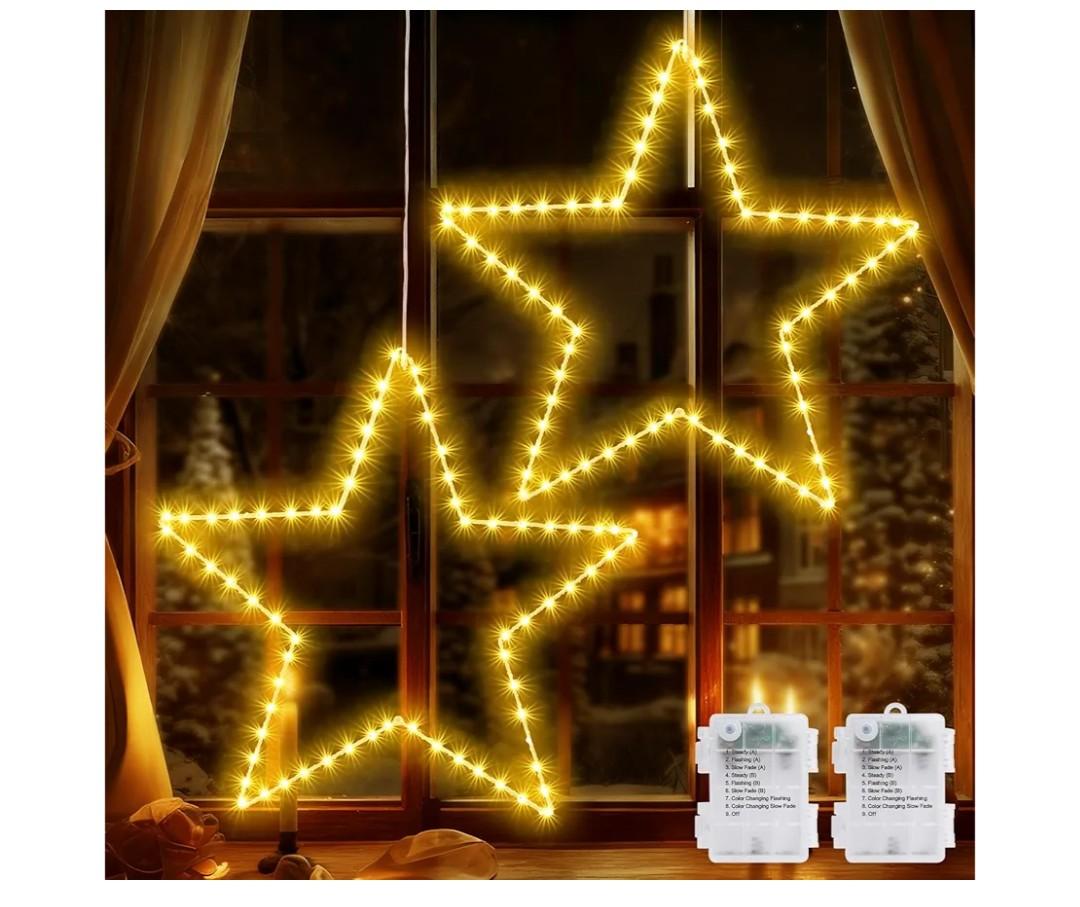 Marchpower Christmas Window Star Silhouette Lights, 19inch 70LED 2 Pack Large Star Lighted Xmas Decoration Battery Operated Twinkle Stars Light Outdoor Timer Lights Wedding Party Home Décor-Warm White