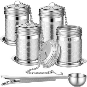 Umigy 4 Pcs Tea Infuser Strainers for Loose Tea with Scoop, Extra Fine Mesh Steeper 304 Stainless Steel Diffuser Leaf Holder with Extended Chain Hook for Brew, Spices, Seasoning, Silver (2 x 2.8 Inch)