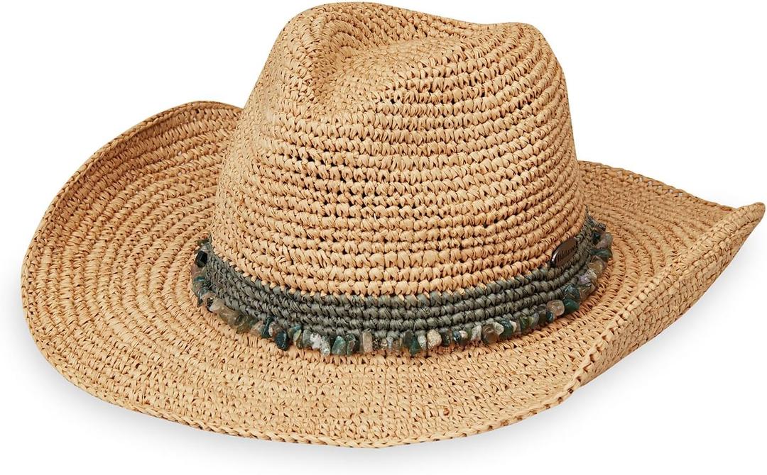 Wallaroo Hat Company Womens Tahiti Cowboy  Raffia Straw Sun Hat, Wide Brim, Western Style, Adjustable, Natural Fiber (Medium, Sage)
