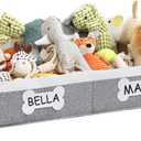 Beveetio Large Dog Toy Basket, Collapsible Fabric Dog Toy Bin with Removable Divider & DIY Tags, Trapezoid Storage Box with Rope Handles for Pet Supplies, Perfect for Living Room Storage-Grey&White