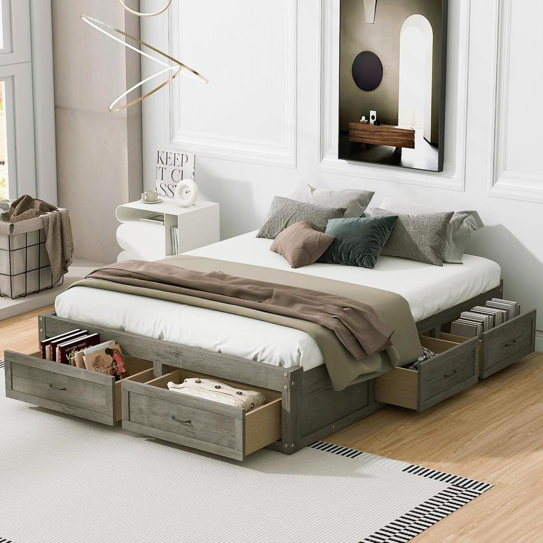 Ball & Cast Queen Size Bed Frame,Wooden Platform Bed with 6 Storage Drawers and Solid Wood Slats Support,No Box Spring Needed,Easy Assembly,Antique Gray