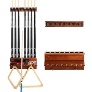 EXTCCT Wall Mount Pool Stick Holder  Billiards Pool Cue Rack Hardwood Pool Cue Set Holder for 8 Cues Sticks Storage Pool Table Accessories Equipment Organizer