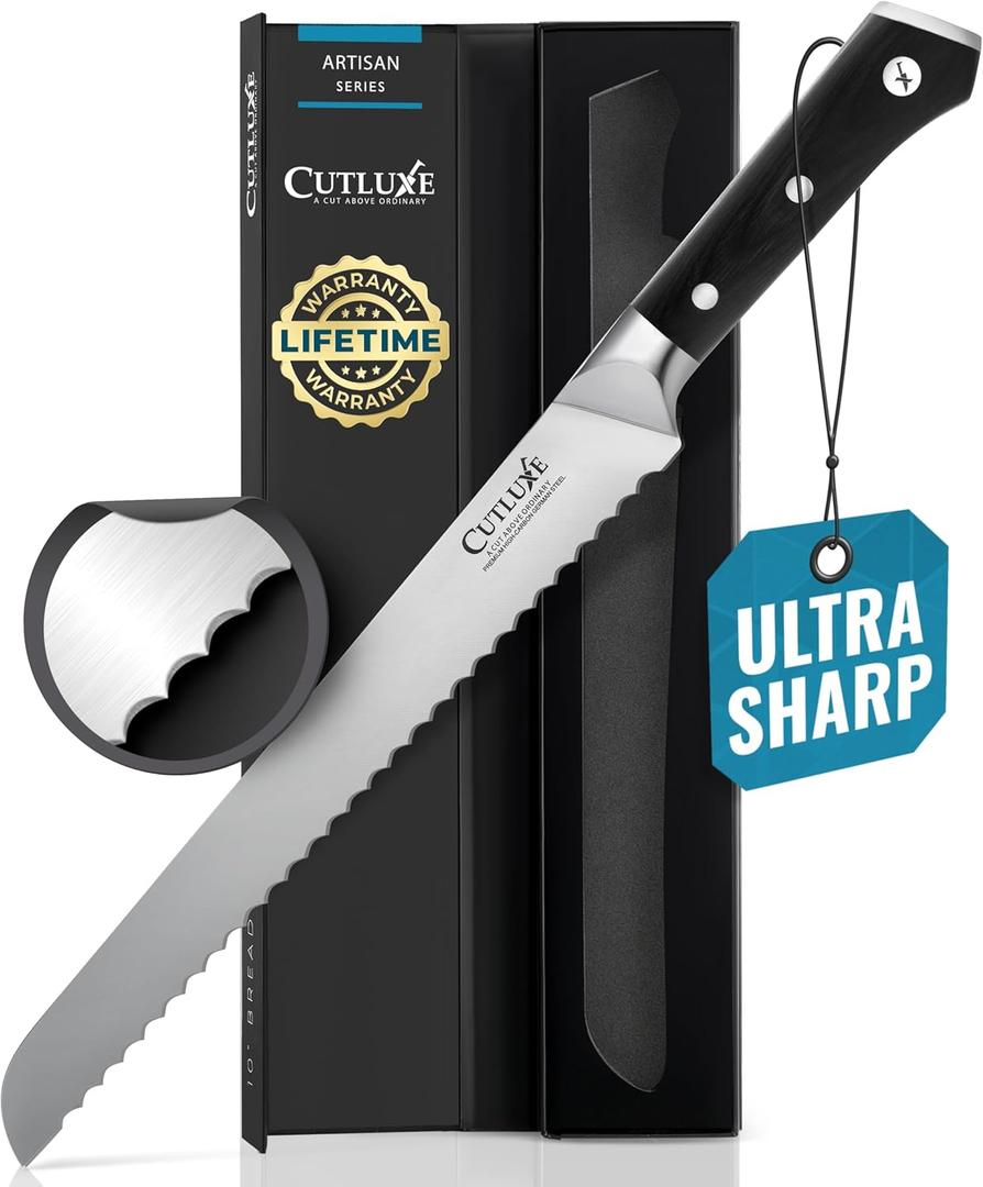 Cutluxe Bread Knife  10" Serrated Knife for Homemade, Sourdough Bread  Forged High Carbon German Steel  Full Tang & Razor Sharp  Ergonomic Handle Design  Artisan Series