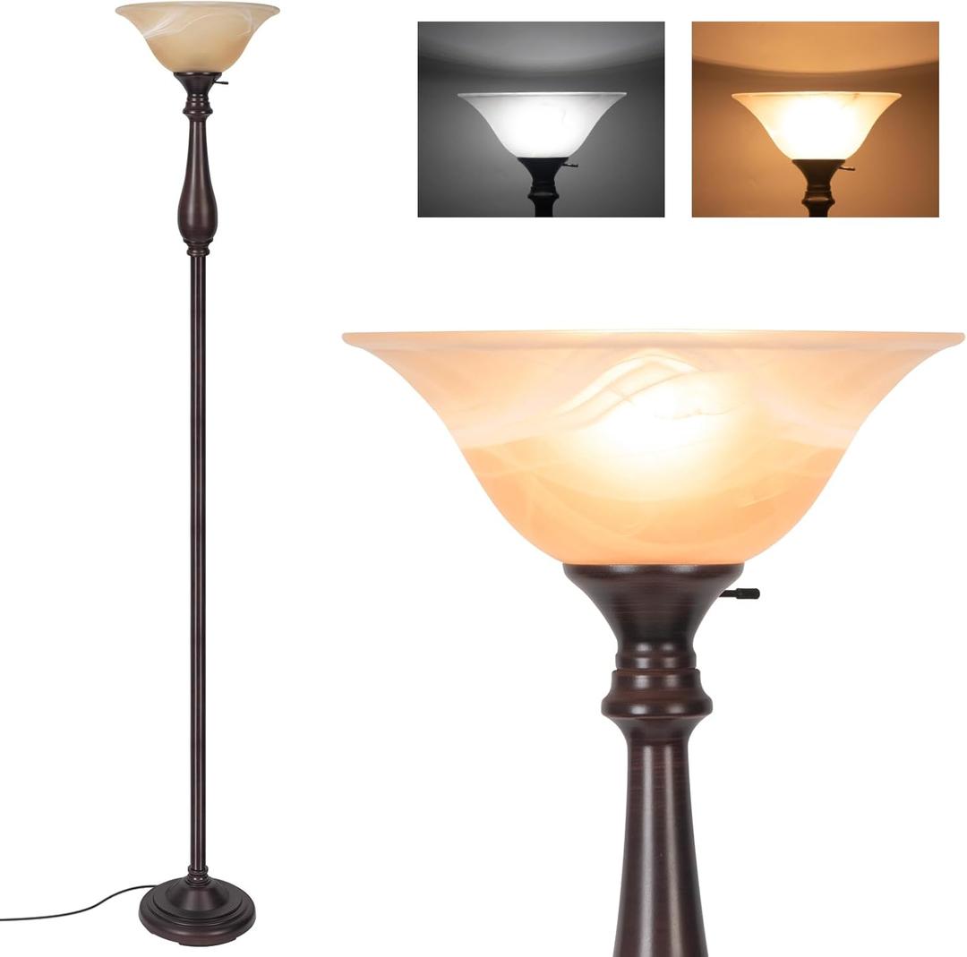 Torchiere Floor Lamp for Living Room, Standing Lamp with Glass Shade, Iron Brushed Nickel Floor Lamps, Corner Lamps for Bedroom, Office, Reading (Dark Brown)