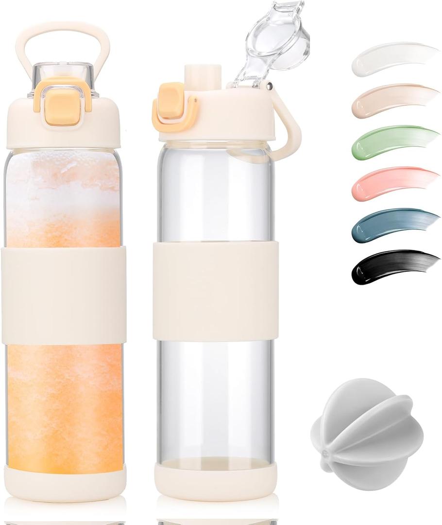Glass Water Bottle for Protein Mixes 24 oz Protein Shaker Bottles with Whisk Ball Portable Leak Proof Shaker Blender for Fitness BPA Free (White)