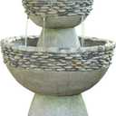 Teamson Home 36.5 in. Outdoor 3-Tier Zen-Style Pedestal Water Fountain in. with Stone Trim with Pump and 2.64 Gallon Capacity, Stone Gray