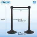 US Weight Black Plastic Stanchion for Crowd Control with 6.5' Retractable Black Barrier Belt with Tool-Free Assembly and UNIVERSAL BELT ENDS that Fit Most Brands - Pack of 2 - Made in the USA
