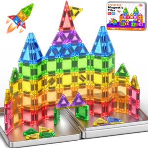 60PCS Mini Magnetic Tiles for Kids Ages 3-5 4-8 with Iron Box Travel Magnet Building Kids Toys for 3 4 5 6 7 8 Year Old Boys Girls Toddler Preschool STEM Construction Sensory Christmas Birthday Gifts