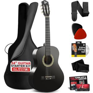 Pyle Beginner Acoustic Guitar Kit, 1/2 Junior Size All Wood Instrument for Kids, Adults, 34" Black Matte