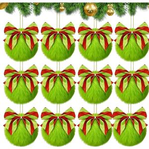 12PCS Lime Green Furry Christmas Ball Ornaments Xmas Tree Decorations Green Faux Fur Bow Hanging Balls for Home Wreath Fireplace Wall Holiday Party