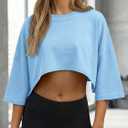 Fisoew Womens Summer Cropped Tops Casual Short Sleeve Drop Shoulder Loose Fit Lightweight Crop Workout T Shirts, small