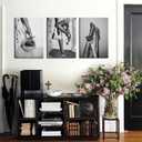 Trendy Women Canvas Wall Art Set of 3 Black and White Fashion Feminist Wall Decor Pictures High Heels on Disco Ball Bar Cart Woman Drinking Wine Posters Prints for Dorm Bedroom Decoration 16x24in