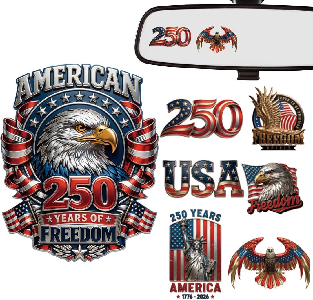 Dazoratix 250th Anniversary Car Decals - 7 Pcs USA Eagle 250 Years America Flag Patriotic Merchandise 4th of July American Independence Vinyl Rearview Mirror Stickers for Window Vehicles Truck Bumpers