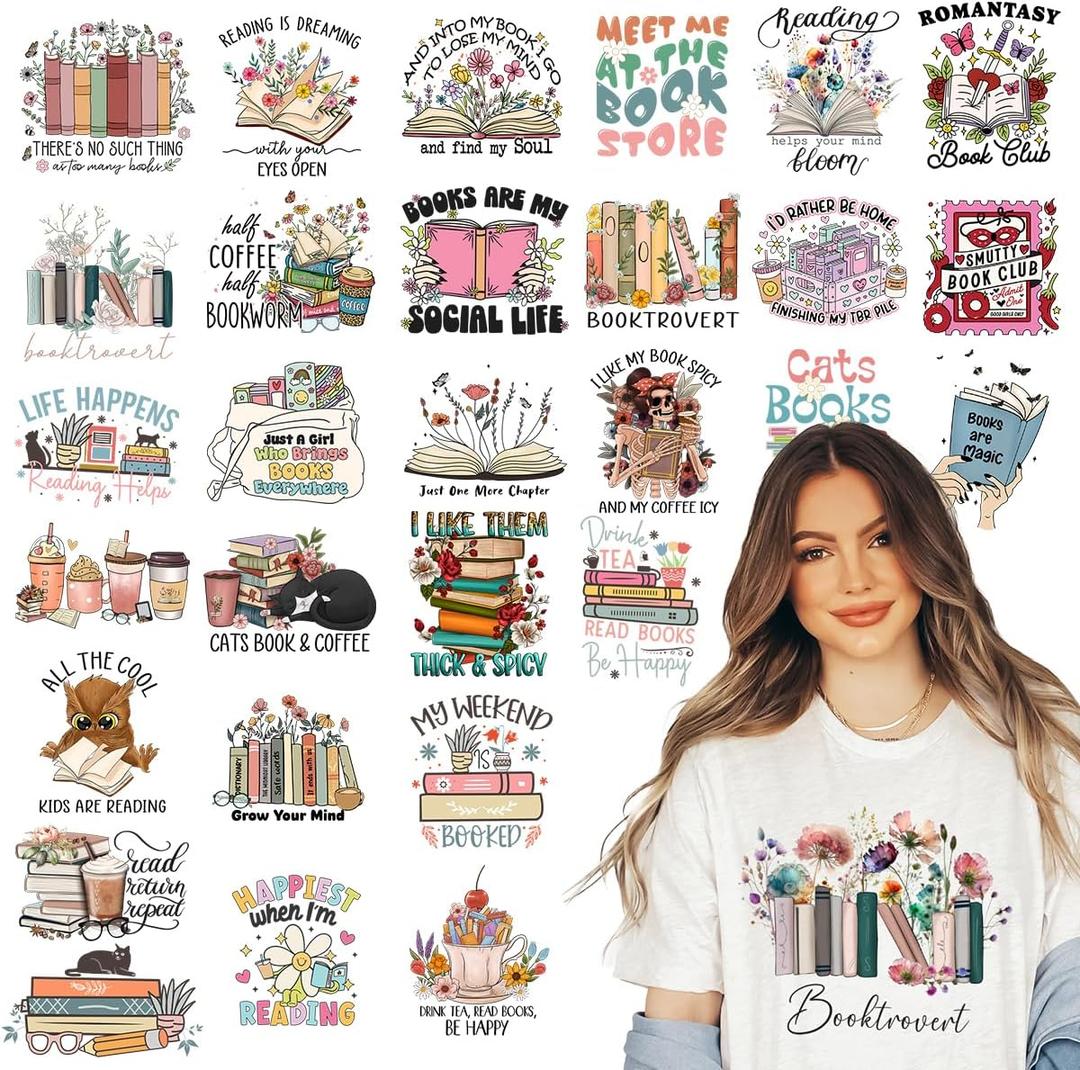 Kaciola 30 Sheets Book Lover Iron on Transfers, Bookworm DTF Transfers Ready to Press Washable Stickers Iron on Decals for T Shirts Hoodie DIY Crafts
