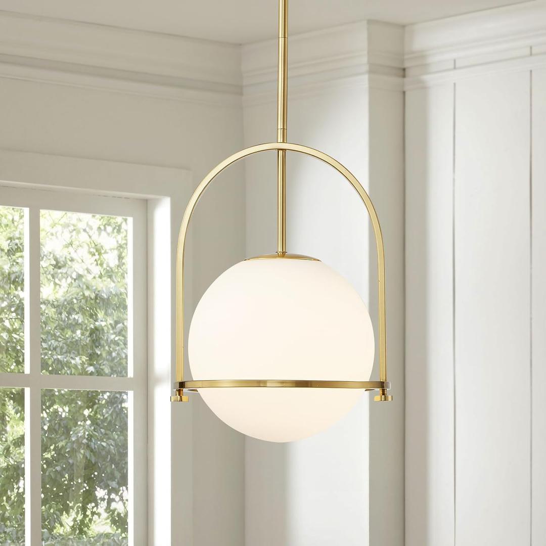 Modern Pendant Light Fixture Gold Globe Pendant Lighting Milk White Glass Shade One Light Hanging Adjustable Height Chandelier for Kitchen Island Dining Room Bedroom (9.21" Gold Pendant Light)