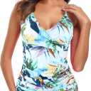 RELELCIGA Womens Tankini Top V Neck Ruched Tummy Control Bathing Suit Top (X-Large, Leaf Print)